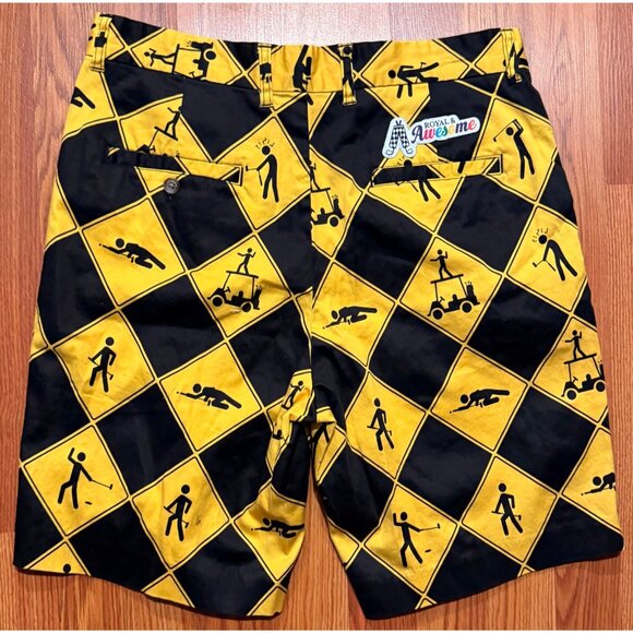 Royal Awesome Yellow Black Shorts Mens 34 9" Golf Loud - Picture 2 of 6